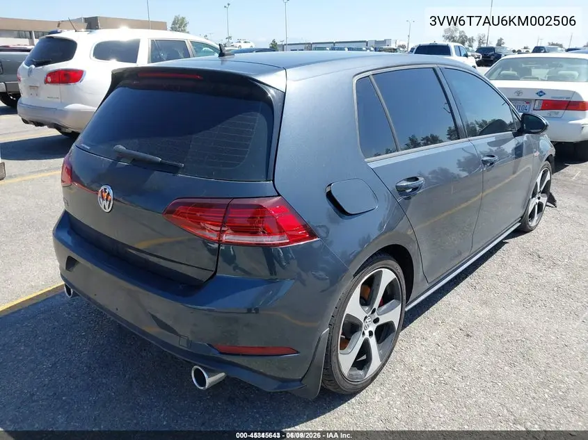 2019 Volkswagen Golf Gti 2.0T Autobahn/2.0T Rabbit Edition/2.0T S/2.0T Se VIN: 3VW6T7AU6KM002506 Lot: 45345643