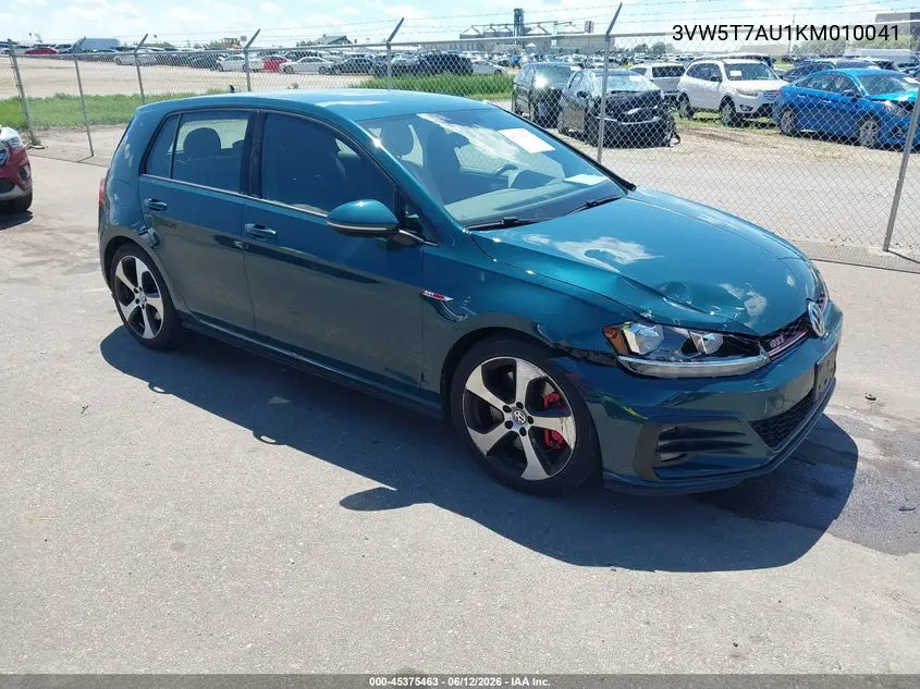 2019 Volkswagen Golf Gti 2.0T Autobahn/2.0T Rabbit Edition/2.0T S/2.0T Se VIN: 3VW5T7AU1KM010041 Lot: 45375463
