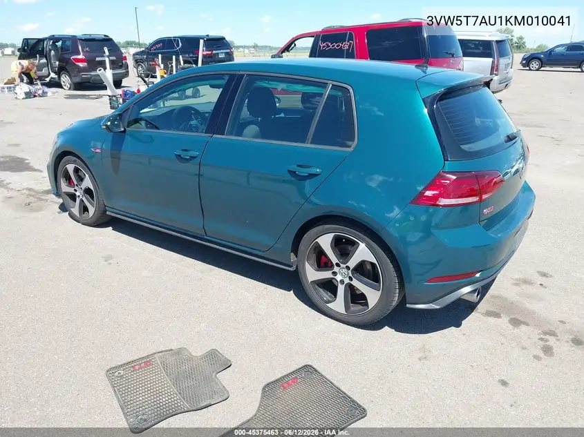 2019 Volkswagen Golf Gti 2.0T Autobahn/2.0T Rabbit Edition/2.0T S/2.0T Se VIN: 3VW5T7AU1KM010041 Lot: 45375463