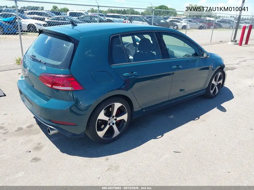 2019 Volkswagen Golf Gti 2.0T Autobahn/2.0T Rabbit Edition/2.0T S/2.0T Se VIN: 3VW5T7AU1KM010041 Lot: 45375463