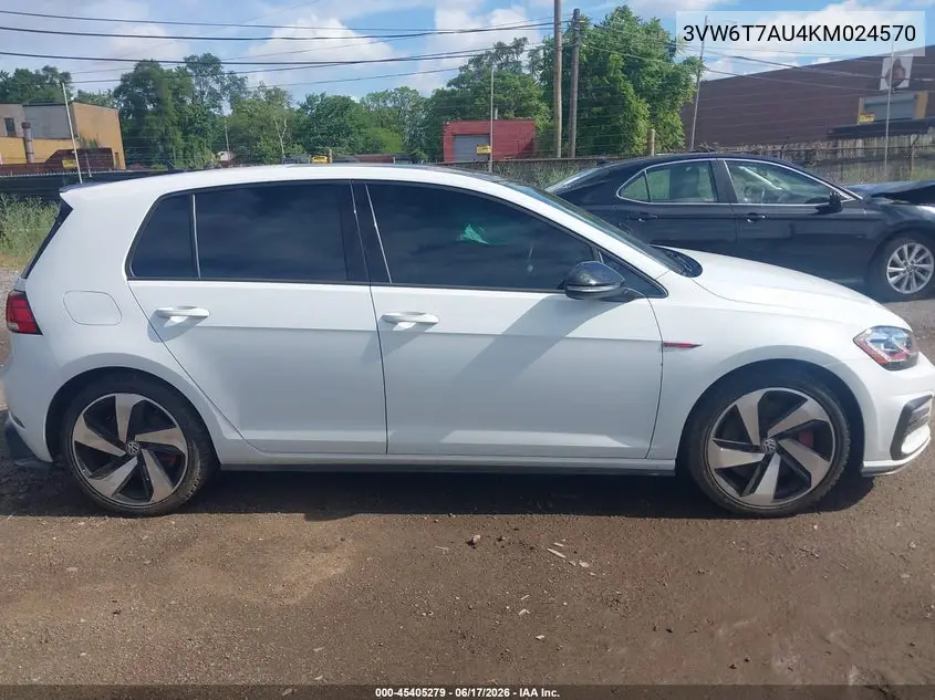 2019 Volkswagen Golf Gti 2.0T Autobahn/2.0T Rabbit Edition/2.0T S/2.0T Se VIN: 3VW6T7AU4KM024570 Lot: 45405279