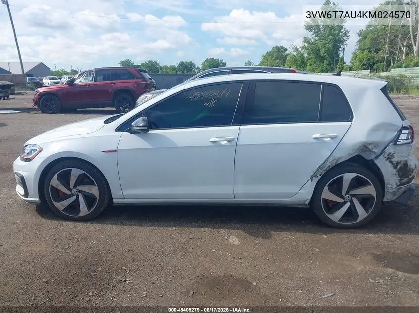 2019 Volkswagen Golf Gti 2.0T Autobahn/2.0T Rabbit Edition/2.0T S/2.0T Se VIN: 3VW6T7AU4KM024570 Lot: 45405279