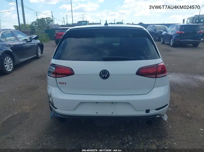 2019 Volkswagen Golf Gti 2.0T Autobahn/2.0T Rabbit Edition/2.0T S/2.0T Se VIN: 3VW6T7AU4KM024570 Lot: 45405279