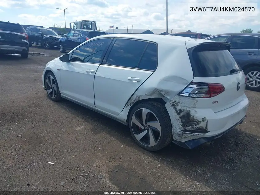 2019 Volkswagen Golf Gti 2.0T Autobahn/2.0T Rabbit Edition/2.0T S/2.0T Se VIN: 3VW6T7AU4KM024570 Lot: 45405279