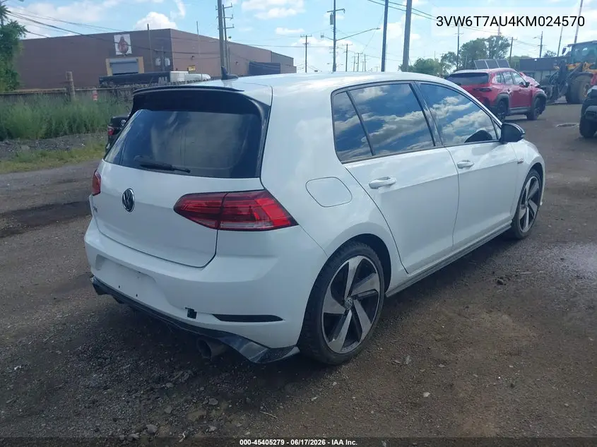 2019 Volkswagen Golf Gti 2.0T Autobahn/2.0T Rabbit Edition/2.0T S/2.0T Se VIN: 3VW6T7AU4KM024570 Lot: 45405279