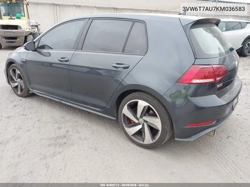 2019 Volkswagen Golf Gti 2.0T Autobahn/2.0T Rabbit Edition/2.0T S/2.0T Se VIN: 3VW6T7AU7KM036583 Lot: 45480713