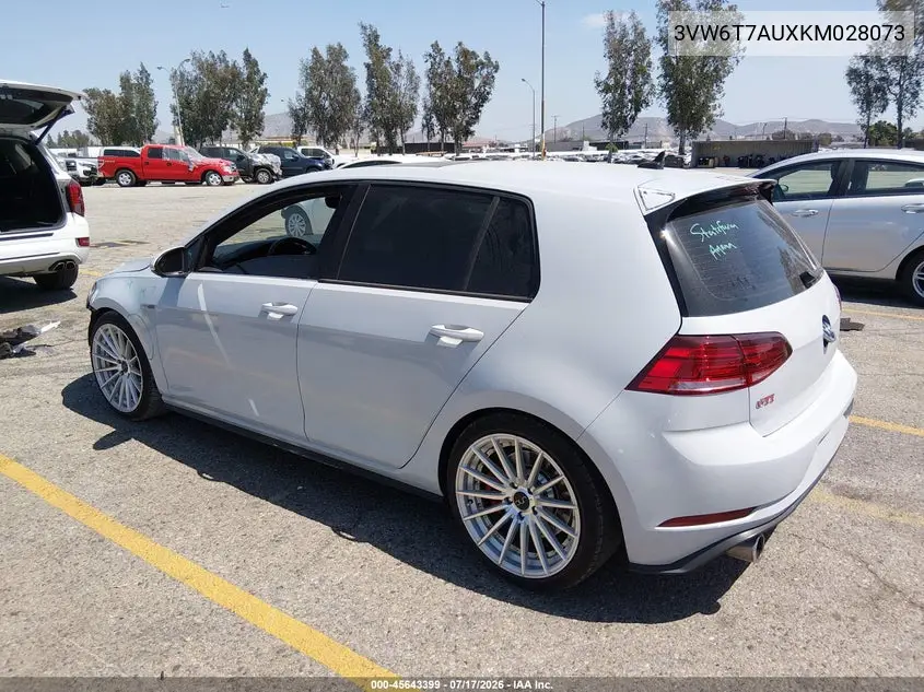2019 Volkswagen Golf Gti 2.0T Autobahn/2.0T Rabbit Edition/2.0T S/2.0T Se VIN: 3VW6T7AUXKM028073 Lot: 45643399