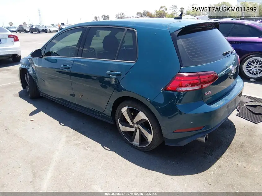 2019 Volkswagen Golf Gti 2.0T Autobahn/2.0T Rabbit Edition/2.0T S/2.0T Se VIN: 3VW5T7AU5KM011399 Lot: 45666357