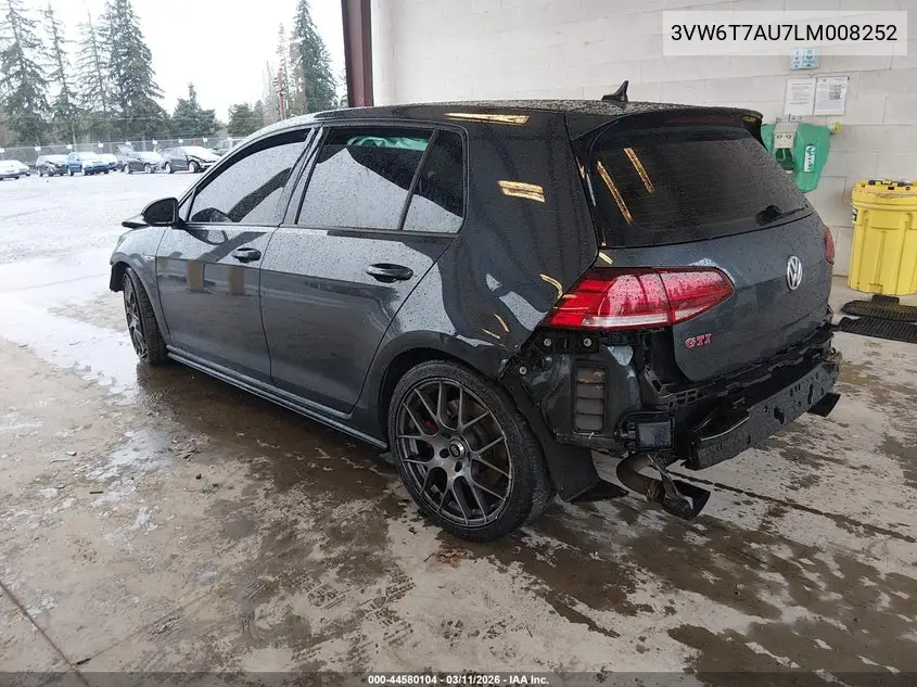 2020 Volkswagen Golf Gti 2.0T Autobahn/2.0T S/2.0T Se VIN: 3VW6T7AU7LM008252 Lot: 44580104