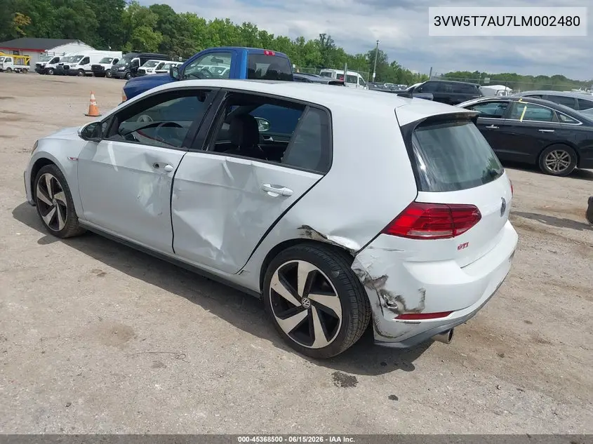 2020 Volkswagen Golf Gti 2.0T Autobahn/2.0T S/2.0T Se VIN: 3VW5T7AU7LM002480 Lot: 45368500