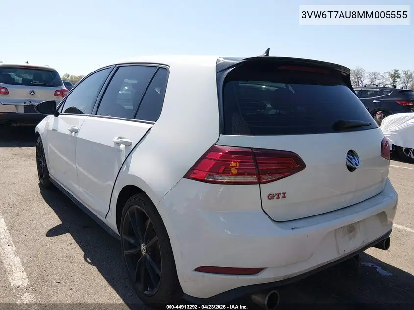 2021 Volkswagen Golf Gti 2.0T Autobahn/2.0T S/2.0T Se VIN: 3VW6T7AU8MM005555 Lot: 44913292