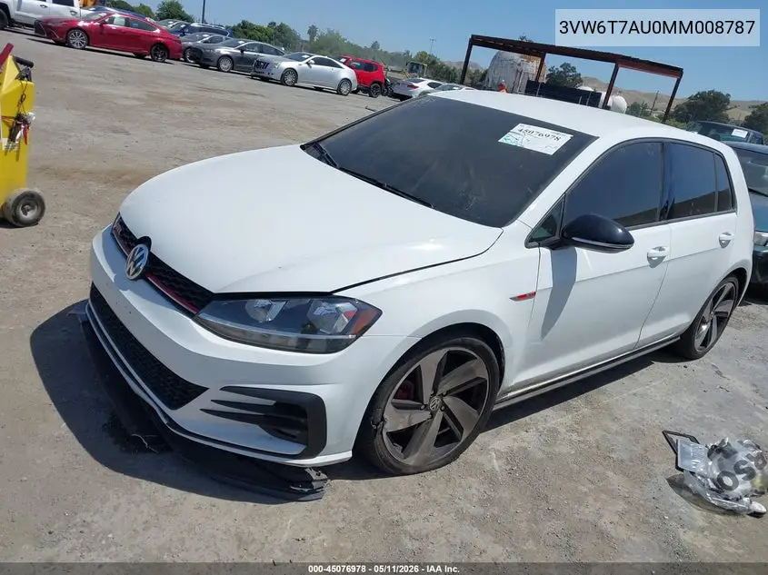 2021 Volkswagen Golf Gti 2.0T Autobahn/2.0T S/2.0T Se VIN: 3VW6T7AU0MM008787 Lot: 45076978