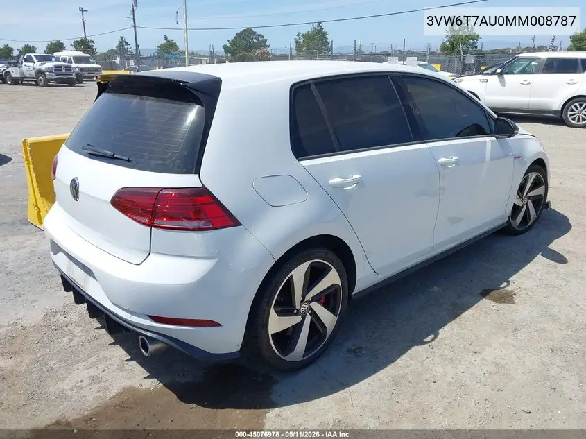2021 Volkswagen Golf Gti 2.0T Autobahn/2.0T S/2.0T Se VIN: 3VW6T7AU0MM008787 Lot: 45076978