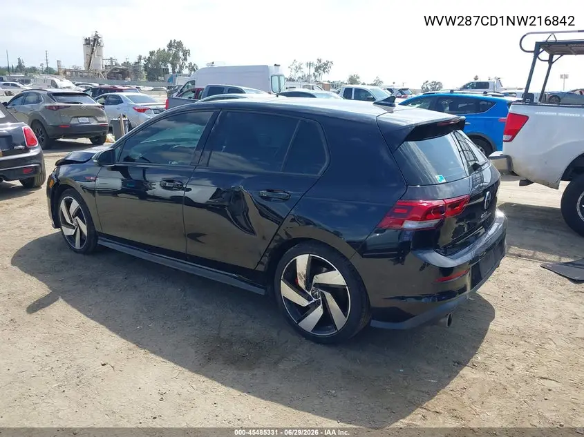 2022 Volkswagen Golf Gti 2.0T Se VIN: WVW287CD1NW216842 Lot: 45485331