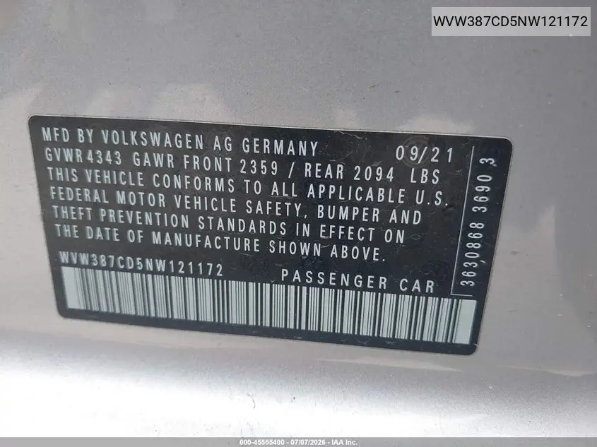 2022 Volkswagen Golf Gti 2.0T Se VIN: WVW387CD5NW121172 Lot: 45555400