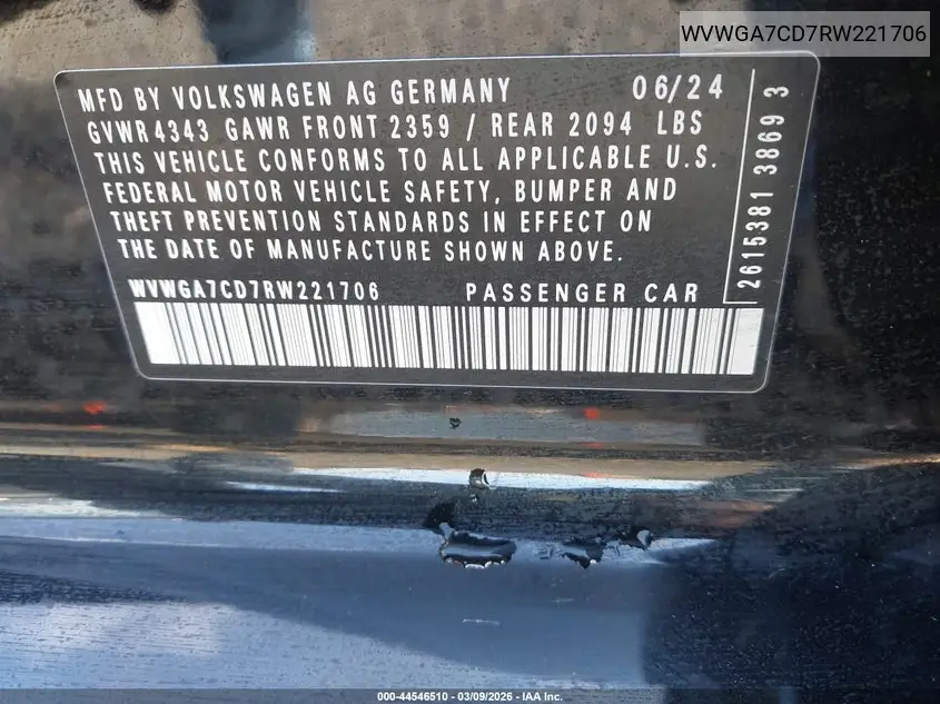 2024 Volkswagen Golf Gti 2.0T S VIN: WVWGA7CD7RW221706 Lot: 44546510