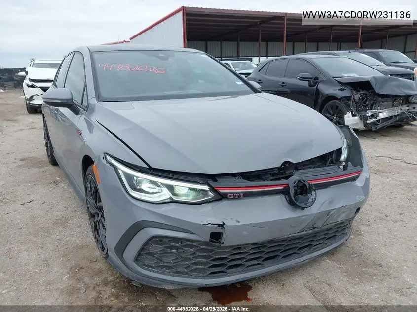 2024 Volkswagen Golf Gti 2.0T Se VIN: WVW3A7CD0RW231136 Lot: 44982026