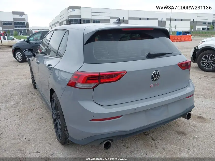 2024 Volkswagen Golf Gti 2.0T Se VIN: WVW3A7CD0RW231136 Lot: 44982026