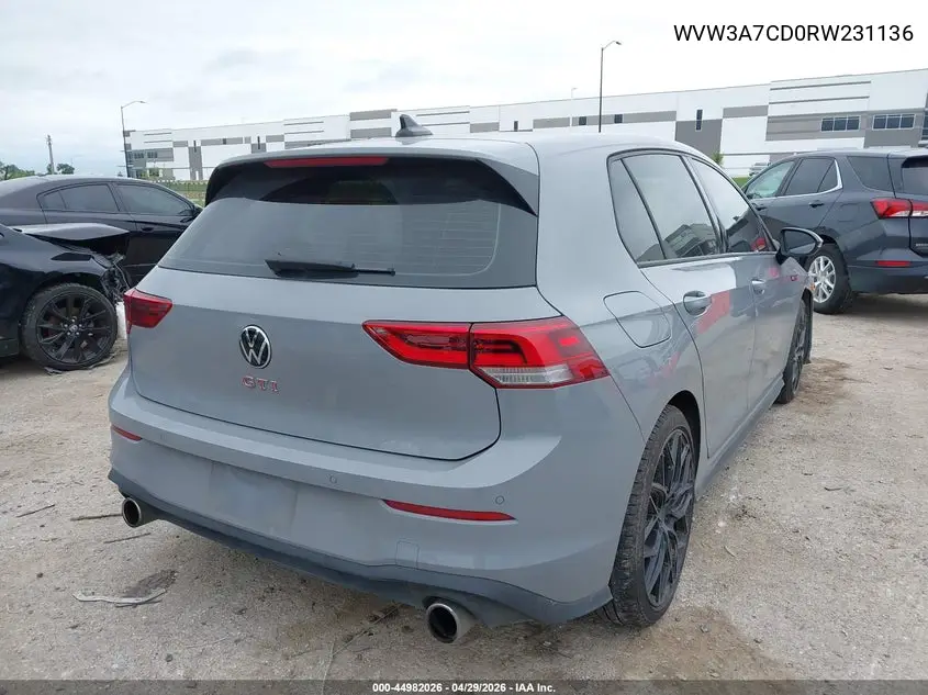 2024 Volkswagen Golf Gti 2.0T Se VIN: WVW3A7CD0RW231136 Lot: 44982026