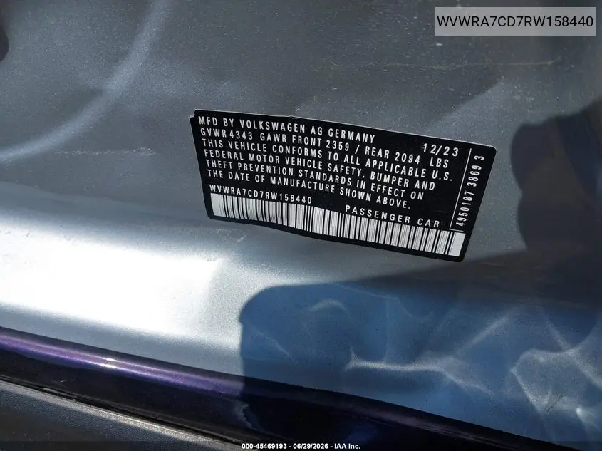 2024 Volkswagen Golf Gti 2.0T Se VIN: WVWRA7CD7RW158440 Lot: 45469193