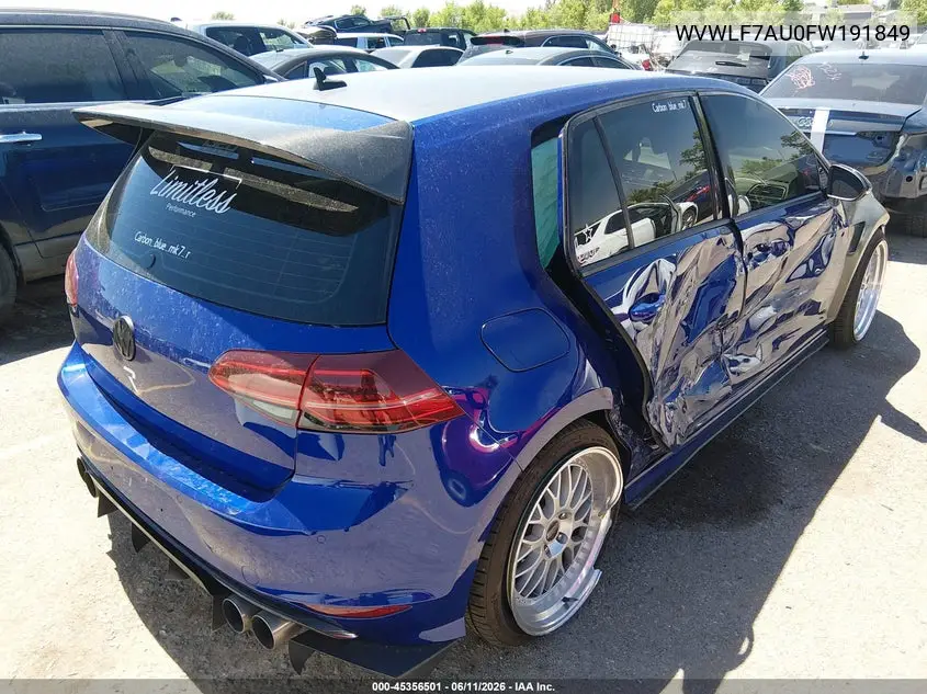 2015 Volkswagen Golf R 4-Door VIN: WVWLF7AU0FW191849 Lot: 45356501