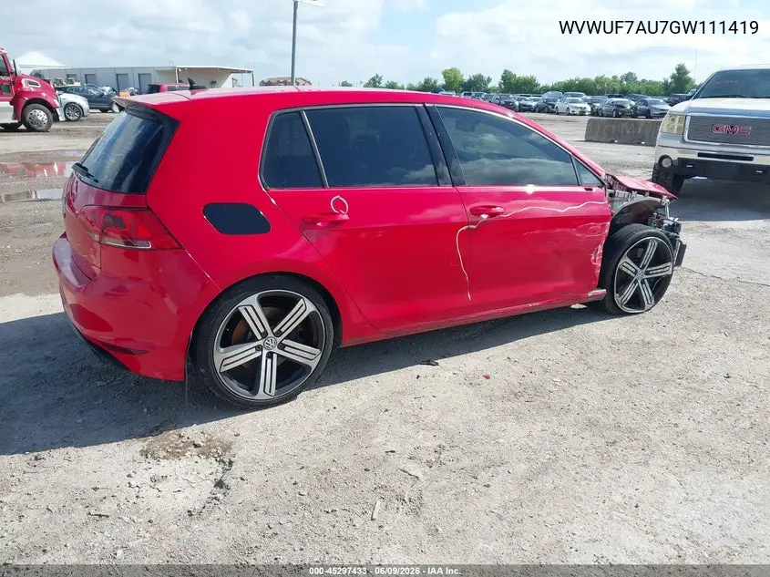 2016 Volkswagen Golf R 4-Door VIN: WVWUF7AU7GW111419 Lot: 45297433