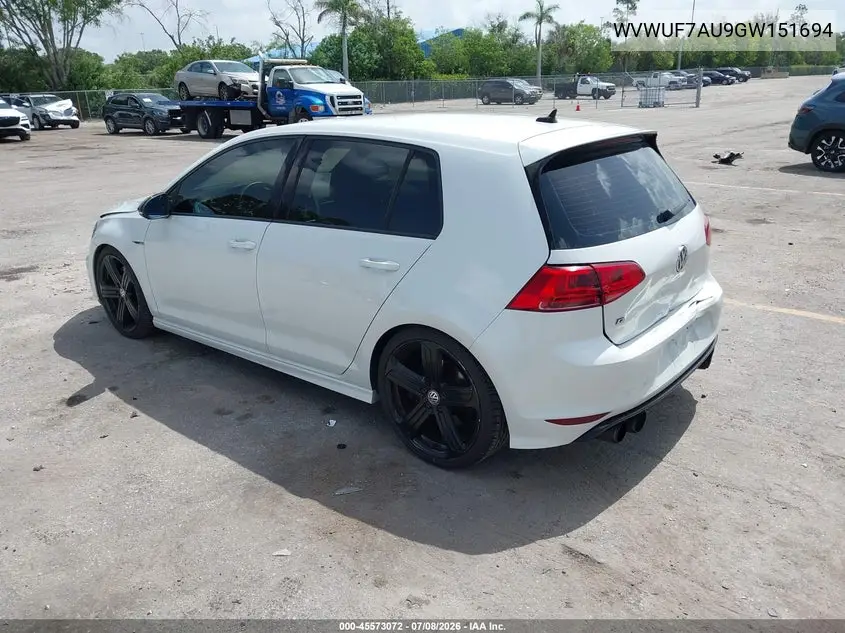 2016 Volkswagen Golf R 4-Door VIN: WVWUF7AU9GW151694 Lot: 45573072