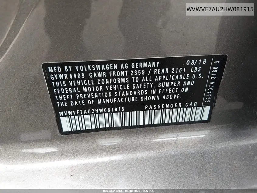 2017 Volkswagen Golf R 4-Door W/Dcc Navigation VIN: WVWVF7AU2HW081915 Lot: 45516864