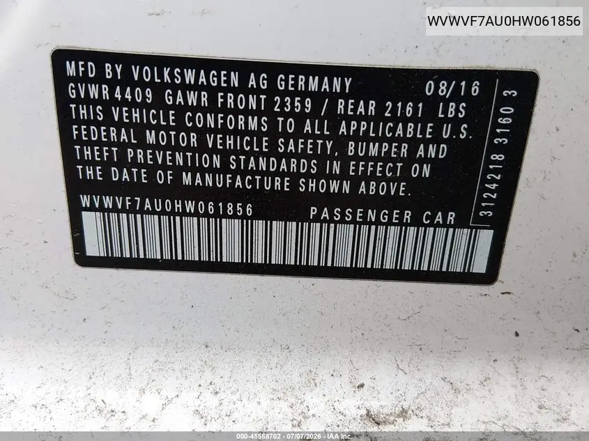 2017 Volkswagen Golf R 4-Door W/Dcc Navigation VIN: WVWVF7AU0HW061856 Lot: 45568702