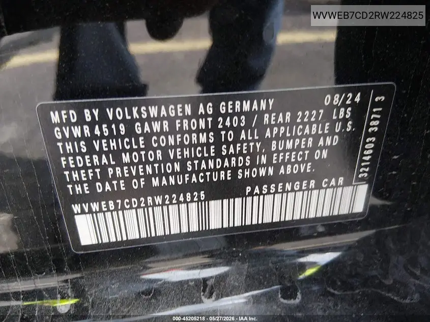 2024 Volkswagen Golf R 2.0T VIN: WVWEB7CD2RW224825 Lot: 45205218