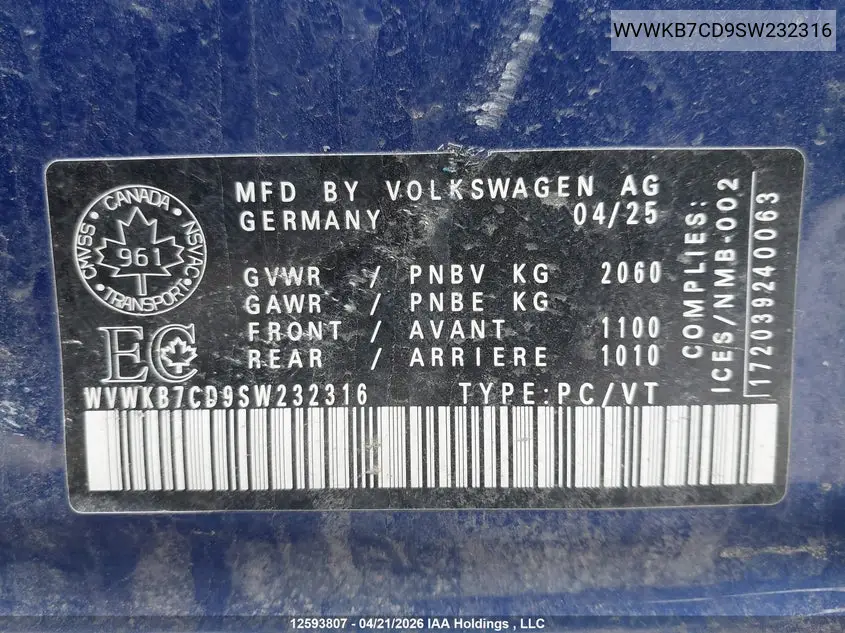 2025 Volkswagen Golf R Black Edition VIN: WVWKB7CD9SW232316 Lot: 12593807