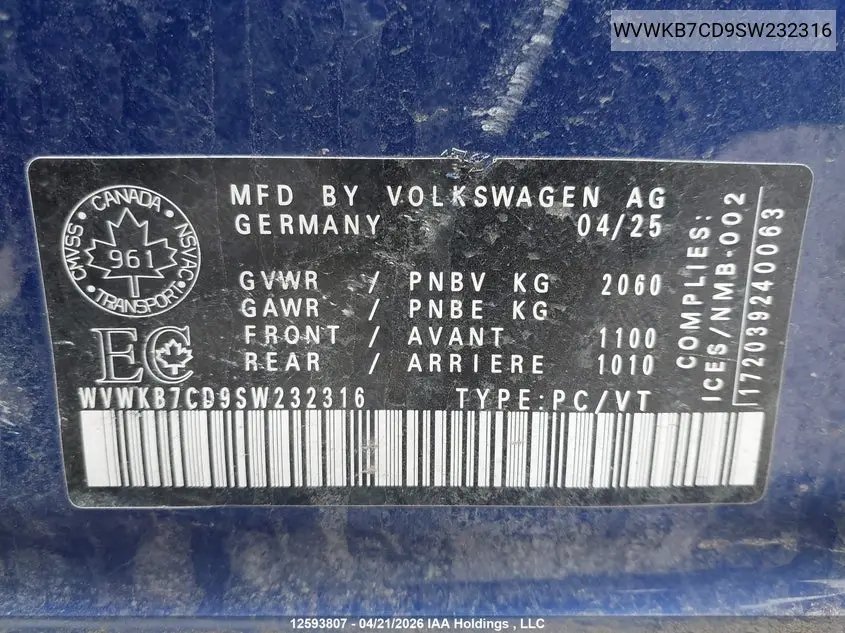 2025 Volkswagen Golf R Black Edition VIN: WVWKB7CD9SW232316 Lot: 12593807