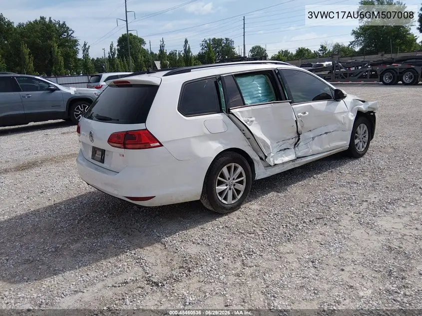 2016 Volkswagen Golf Sportwagen Tsi S 4-Door VIN: 3VWC17AU6GM507008 Lot: 45460536