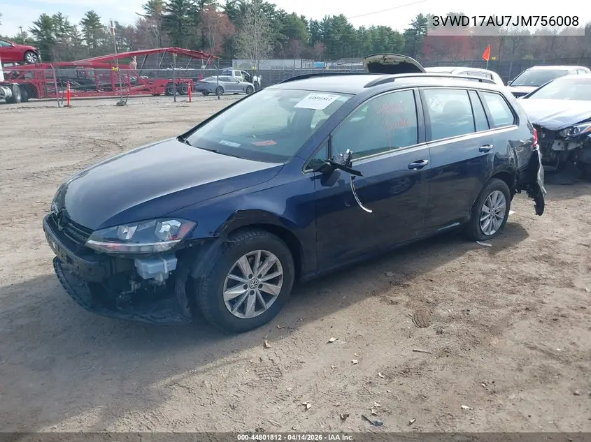 2018 Volkswagen Golf Sportwagen Tsi S/Tsi Se VIN: 3VWD17AU7JM756008 Lot: 44801812