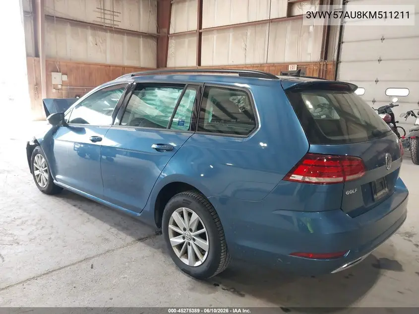 2019 Volkswagen Golf Sportwagen VIN: 3VWY57AU8KM511211 Lot: 45275389