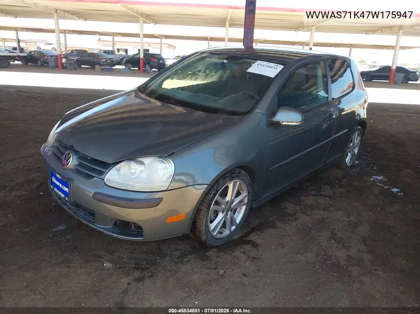 2007 Volkswagen Rabbit 2-Door W/Pzev (M5) VIN: WVWAS71K47W175947 Lot: 45534051