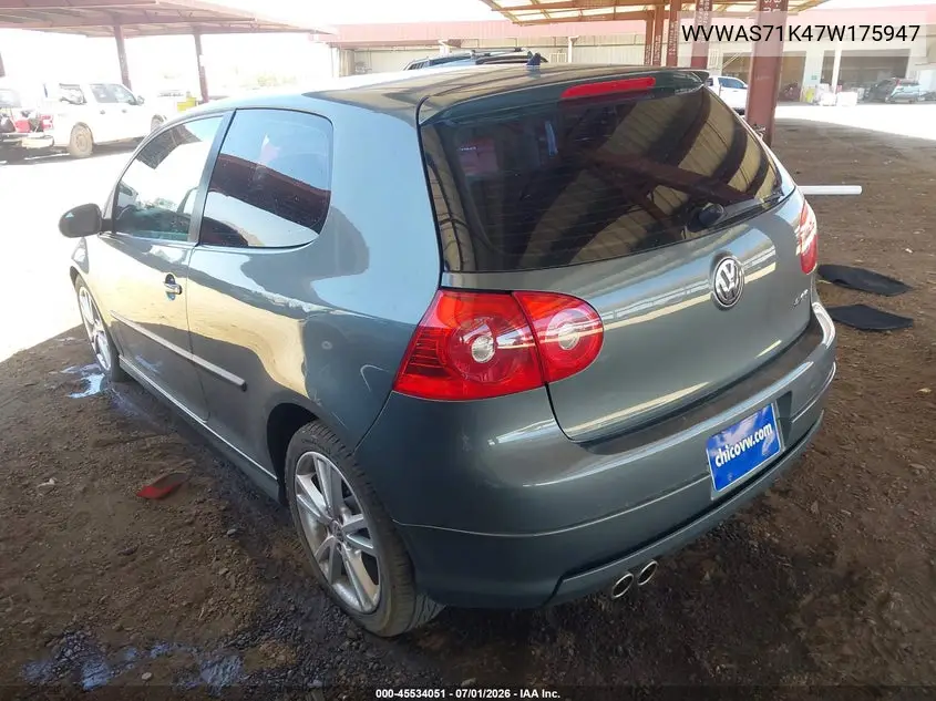 2007 Volkswagen Rabbit 2-Door W/Pzev (M5) VIN: WVWAS71K47W175947 Lot: 45534051