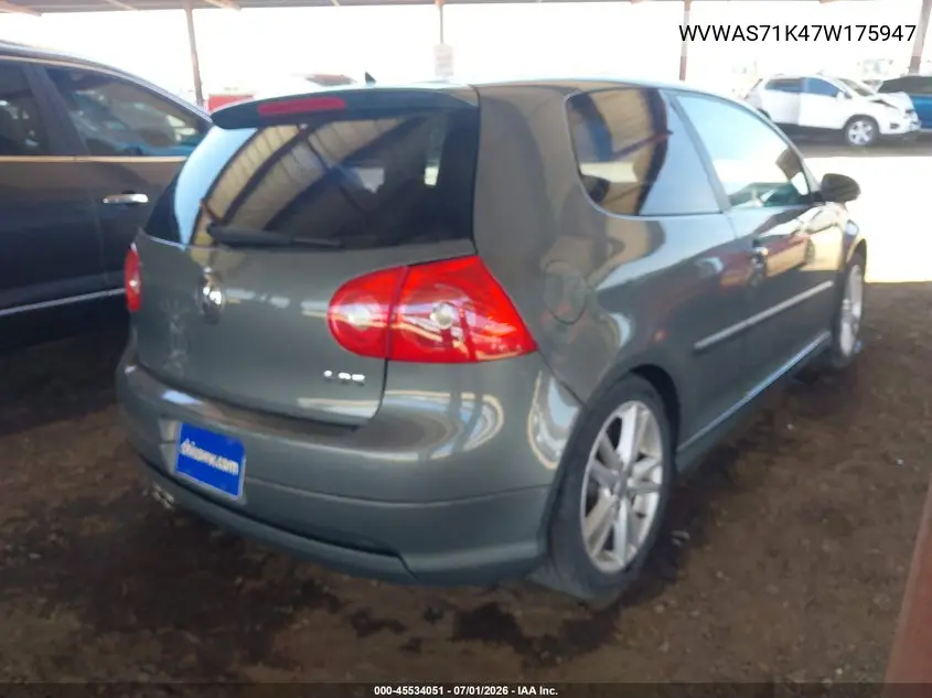 2007 Volkswagen Rabbit 2-Door W/Pzev (M5) VIN: WVWAS71K47W175947 Lot: 45534051