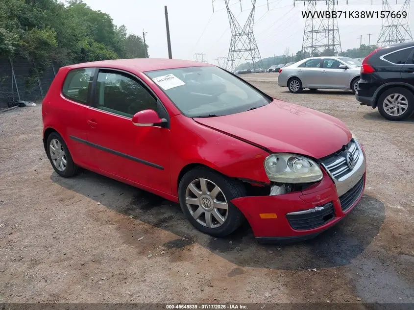 2008 Volkswagen Rabbit S VIN: WVWBB71K38W157669 Lot: 45649839