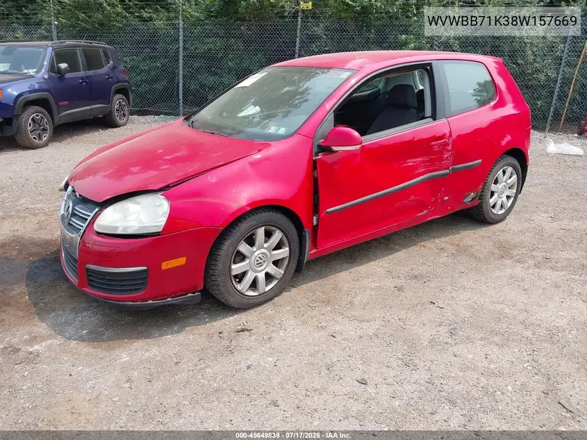 2008 Volkswagen Rabbit S VIN: WVWBB71K38W157669 Lot: 45649839