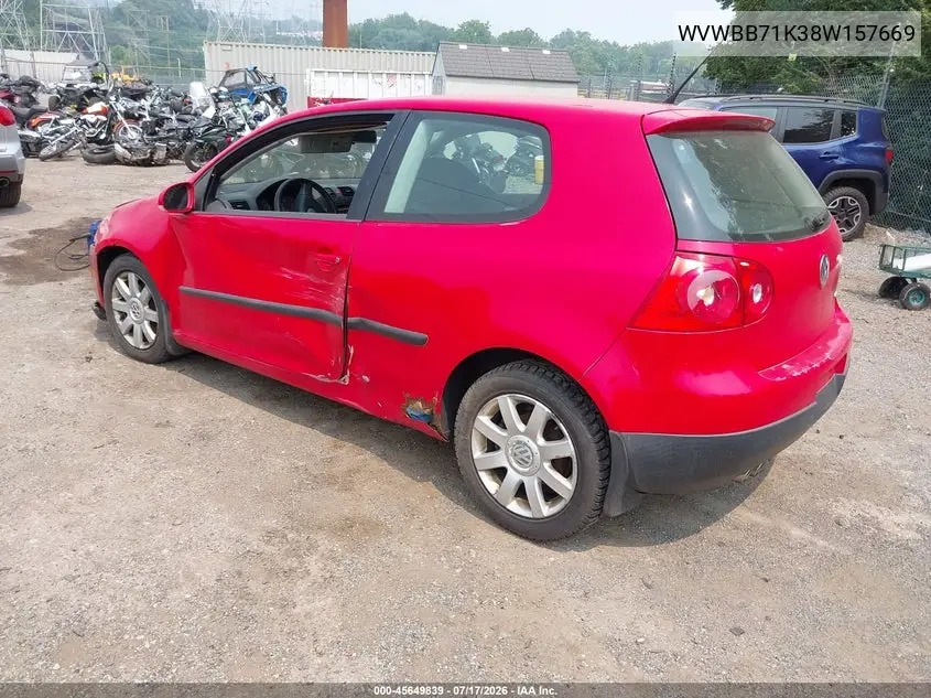 2008 Volkswagen Rabbit S VIN: WVWBB71K38W157669 Lot: 45649839