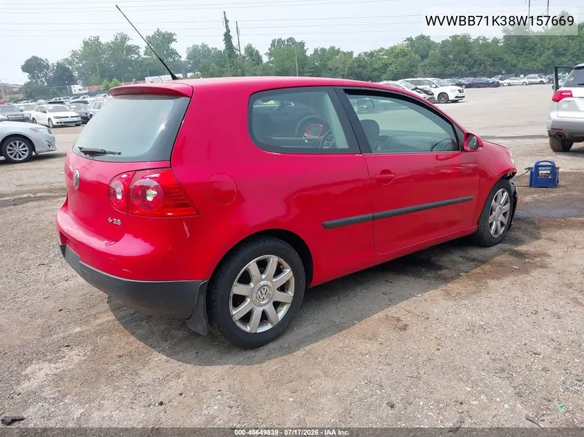 2008 Volkswagen Rabbit S VIN: WVWBB71K38W157669 Lot: 45649839