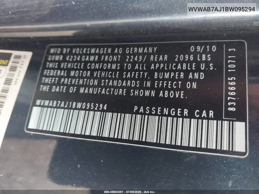 2011 Volkswagen Golf 2.5L 2-Door VIN: WVWAB7AJ1BW095294 Lot: 45603391