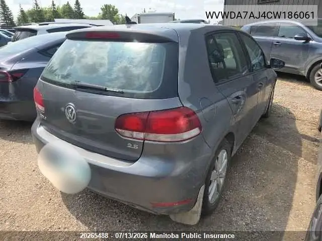 2012 Volkswagen Golf 2.5 VIN: WVWDA7AJ4CW186061 Lot: 20265488