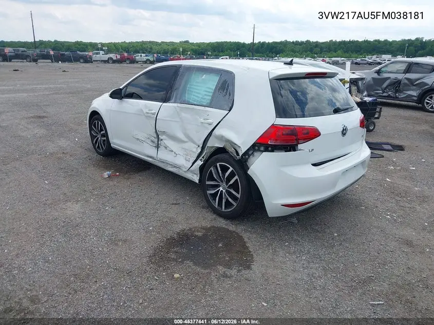 2015 Volkswagen Golf Tsi Se 4-Door VIN: 3VW217AU5FM038181 Lot: 45377441