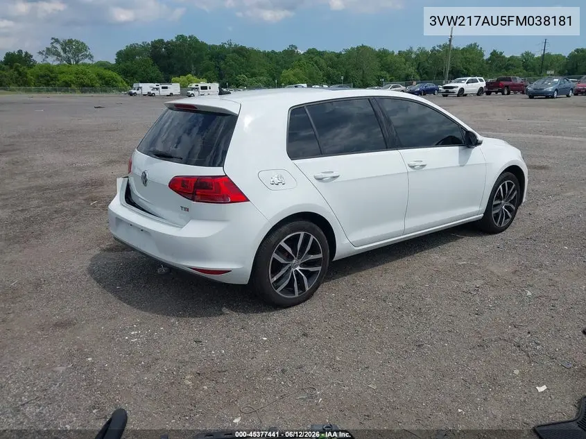 2015 Volkswagen Golf Tsi Se 4-Door VIN: 3VW217AU5FM038181 Lot: 45377441