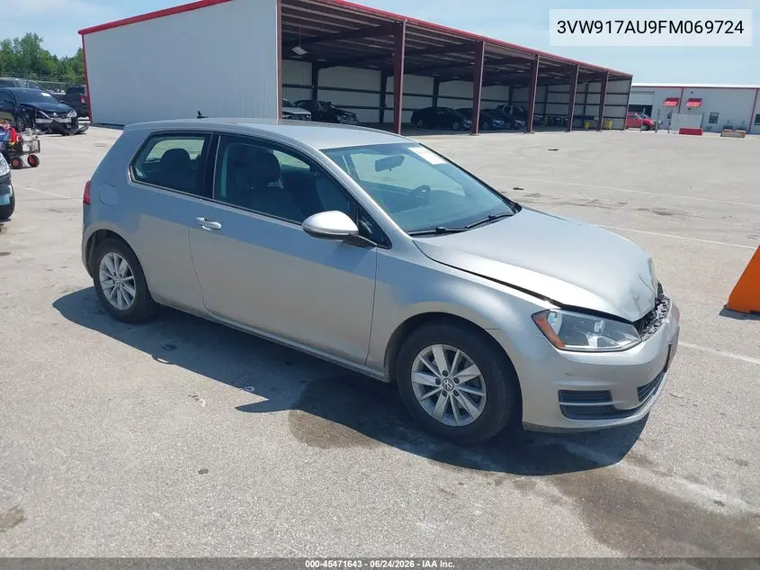 2015 Volkswagen Golf Tsi S 2-Door VIN: 3VW917AU9FM069724 Lot: 45471643