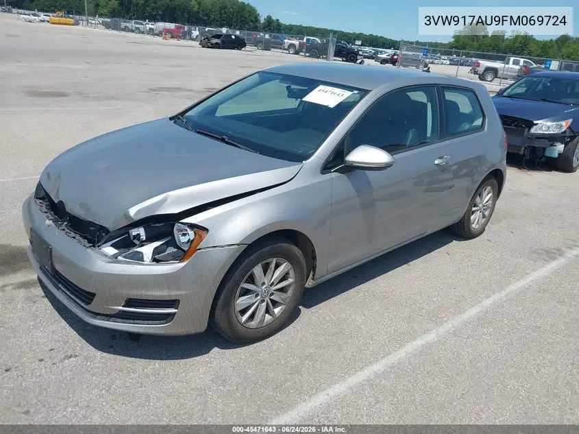 2015 Volkswagen Golf Tsi S 2-Door VIN: 3VW917AU9FM069724 Lot: 45471643