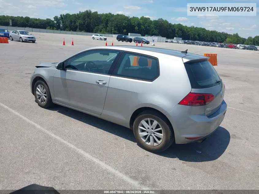 2015 Volkswagen Golf Tsi S 2-Door VIN: 3VW917AU9FM069724 Lot: 45471643