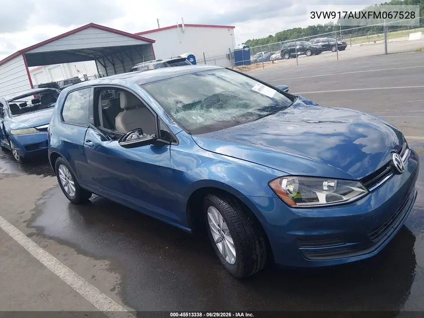 2015 Volkswagen Golf Tsi S 2-Door VIN: 3VW917AUXFM067528 Lot: 45513338